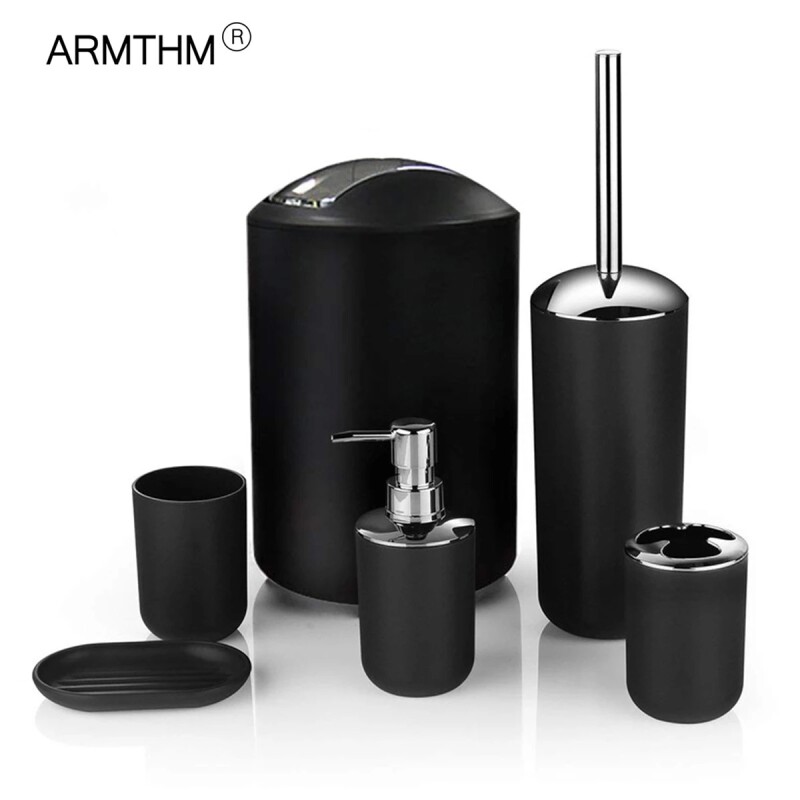 6Pcs Bathroom Accessories Set Toothbrush Holder Cup Soap Dispenser Dish Toilet Brush Trash Can Plastic Tumbler Cup