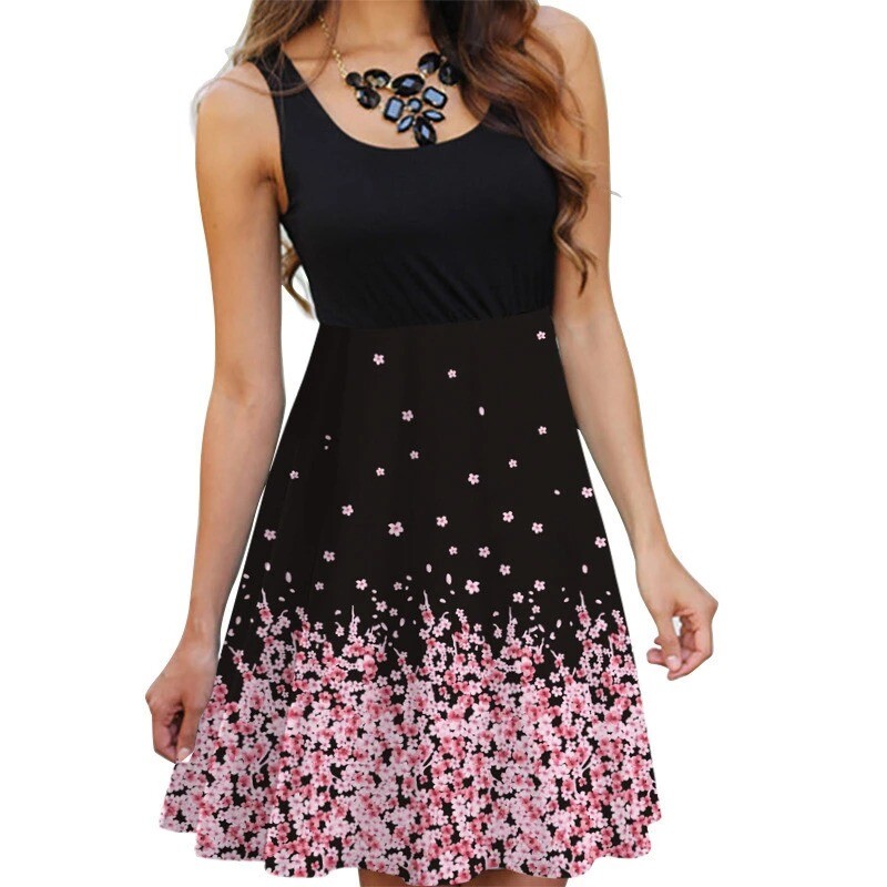Floral Boho Dress Ladies Sleeveless O-Neck Slim A-line Tank Dress Summer Women Fashion Vintage 3D Printing Casual Dress