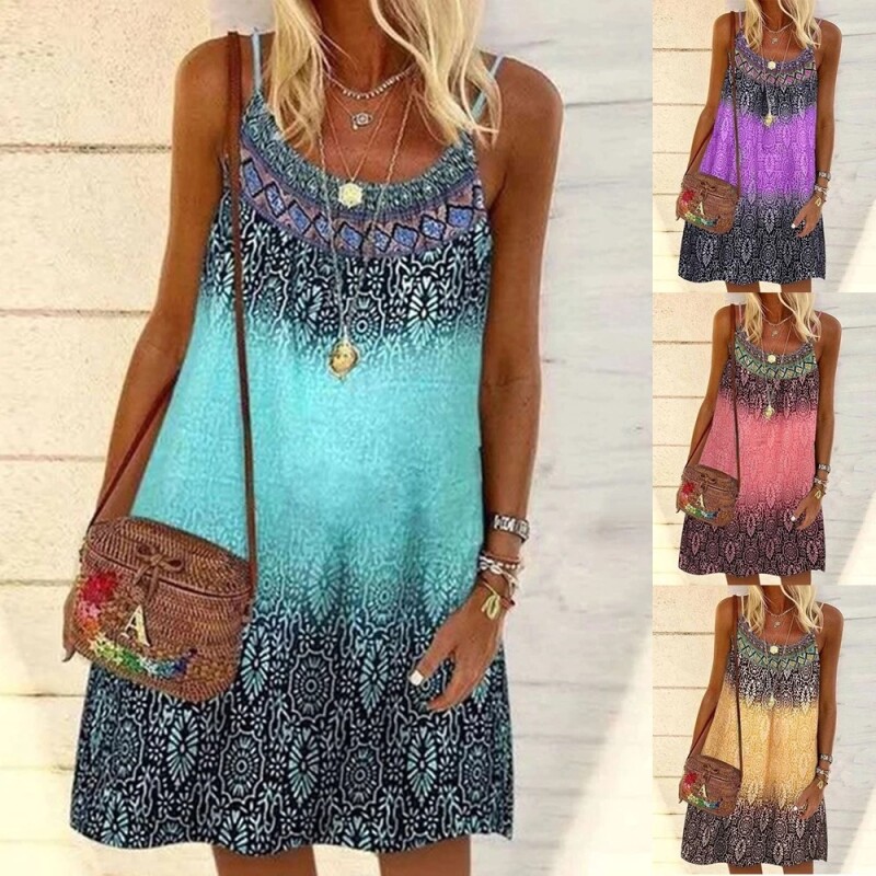 Women Boho Mini Dress 2022 Summer Vintage Printed Spaghetti Strap Sleeveless Dress Female Loose Beach Dresses