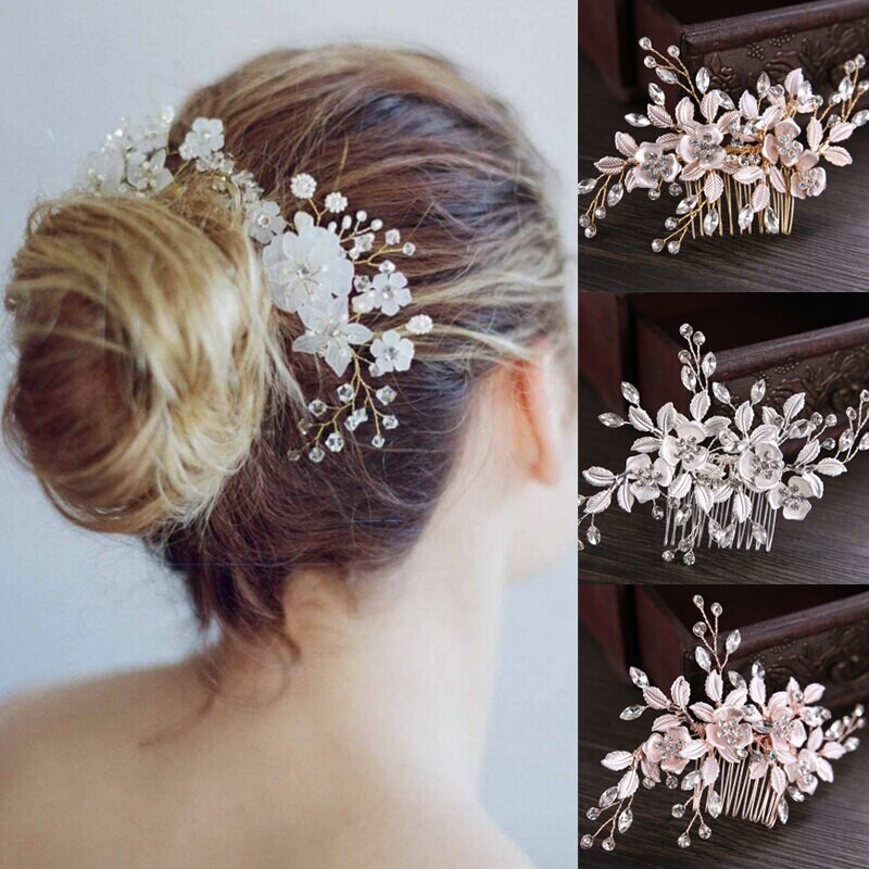 Fashion Pearl Flower Crystal Hair Pins Side Comb Wedding Party Headdress Bridesmaid Bride Hair Accessories
