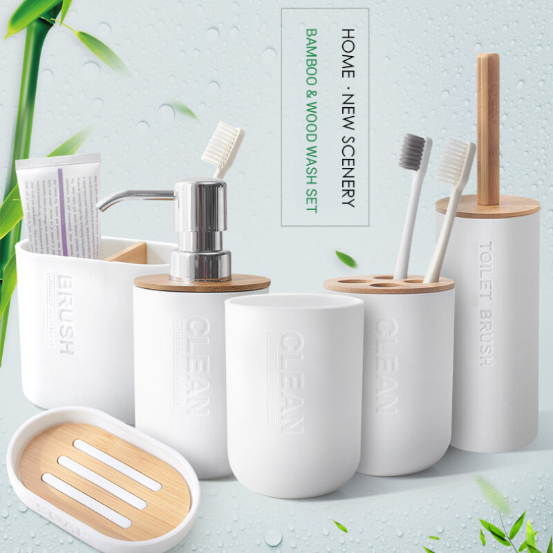 Bathroom Set Toothbrush Holder Mouthwash Cup Toilet Brush Soap Dish Lotion Tumblerful Wash Rack Household/Hotel Bamboo