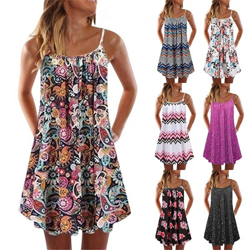 Women Loose Beach Dress Summer Boho Sleeveless Floral Printed Big Swing Dresses Female Sexy Casual Spaghetti Strap