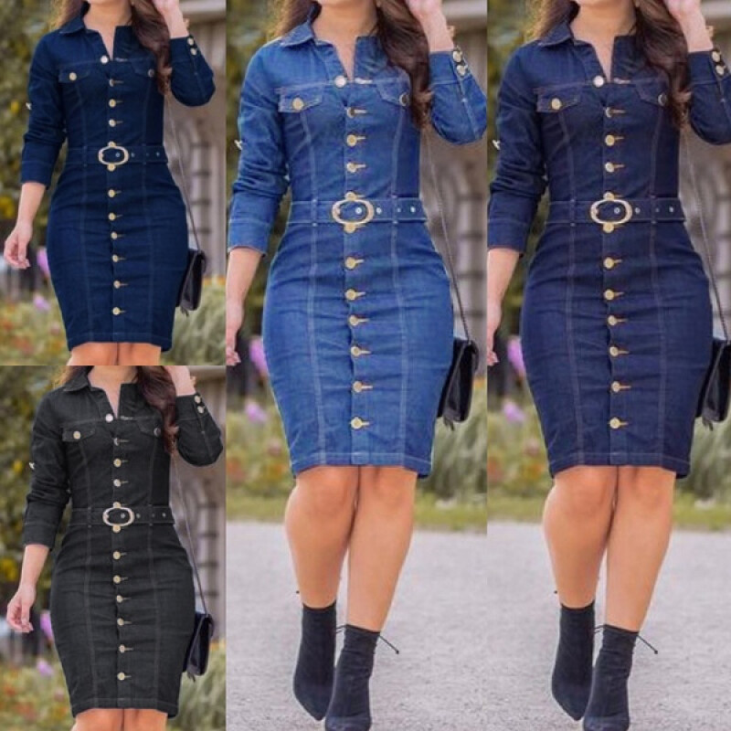 Yskkt Denim Dress Women Button Knee Length Spring Autumn Vintage Vestidos Robe Casual Slim Ladies Office Dress Shirt