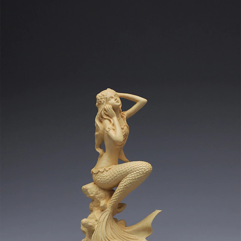 Hand carved wooden mermaid statue，Modern art sculpture, Cute home decoration accessories,Solid wood figurines free
