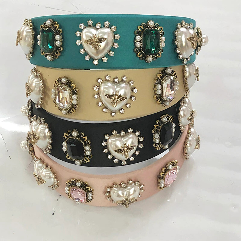 Baroque Rhinestone Headband Hairband for Women Girls Metal Bee Beads Flower Head Hair Accessories Baroque Rhinestone
