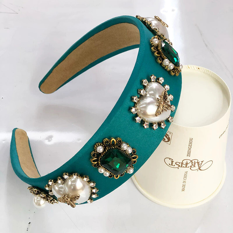 Baroque Rhinestone Headband Hairband for Women Girls Metal Bee Beads Flower Head Hair Accessories Baroque Rhinestone