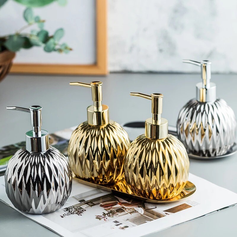 3pcs/set Bathroom Accessories Set Stainless Steel Tray Ceramics Hand Sanitizer Shampoo Shower Gel Bottle Toilet Soap