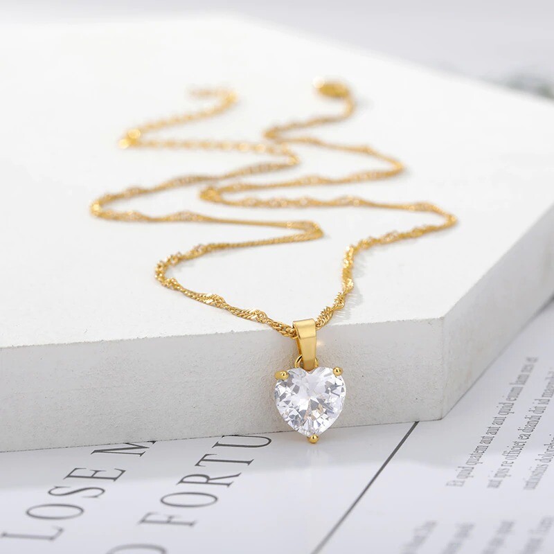 Heart Necklaces for Women Stainless Steel Gold Zircon Chain Heart Lover Necklace Clavicle Choker Valentine Jewelry