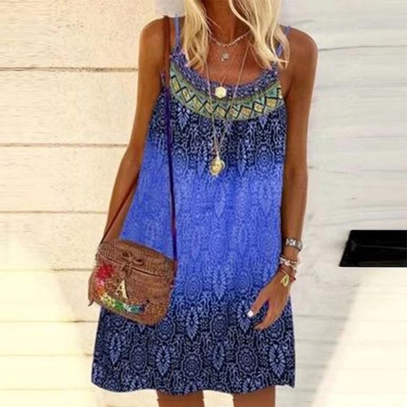 Women Boho Mini Dress 2022 Summer Vintage Printed Spaghetti Strap Sleeveless Dress Female Loose Beach Dresses