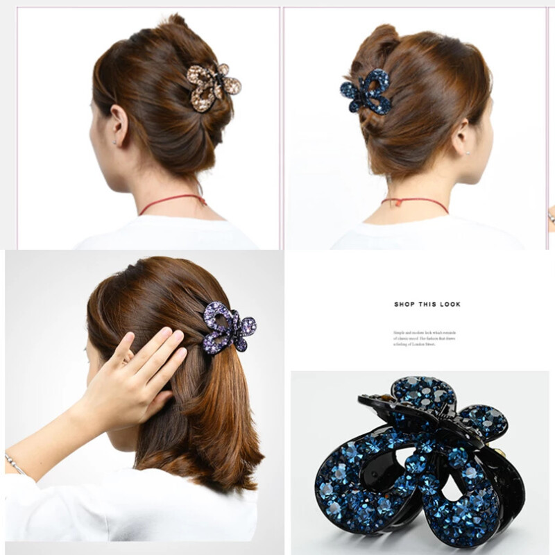 AWAYTR Women Crystal Hair Claw Vintage Butterfly Hairpin Heandband Crab Clip Shiny Rhinestone Bow Hair Clips