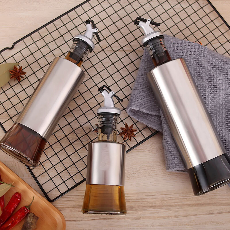 Kitchen Glass Bottle For Oil Stainless Steel Oil Bottle Leak-proof Vinegar Oil Cruet Storage Soy Sauce Dispenser Kitchen