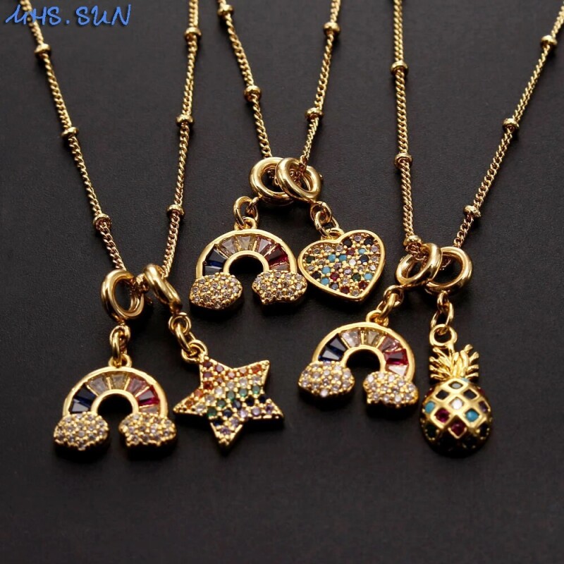 MHS.SUN Fashion Rainbow/Heart/Star Pendant Necklace With AAA Zircon Jewelry Women Charm CZ Chain Necklace Chokers Party