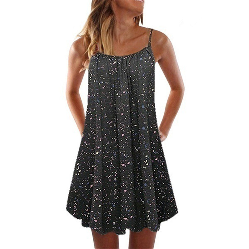 Women Loose Beach Dress Summer Boho Sleeveless Floral Printed Big Swing Dresses Female Sexy Casual Spaghetti Strap