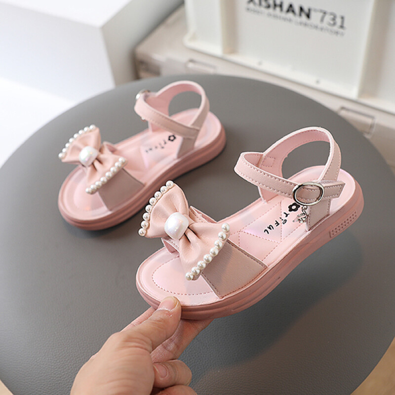 Children Sandals Girl 2022 Summer Kid Pink Butterfly Knot Light Kid Slippers Cute Pearl Flat Casual Girl 4-6 Year Prince