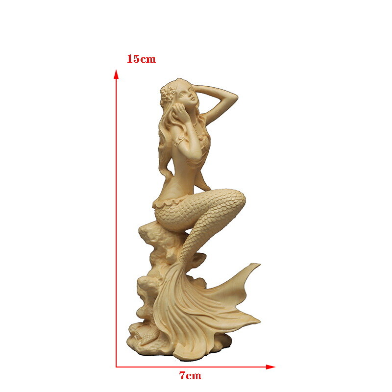 Hand carved wooden mermaid statue，Modern art sculpture, Cute home decoration accessories,Solid wood figurines free