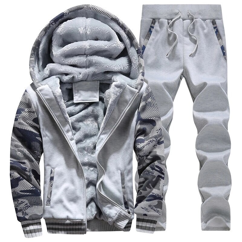 Men's Hoodies Tracksuit Winter Fleece Camouflage Suit Warm Velvet Sweatshirt Brand Clothing Men Jacket Set