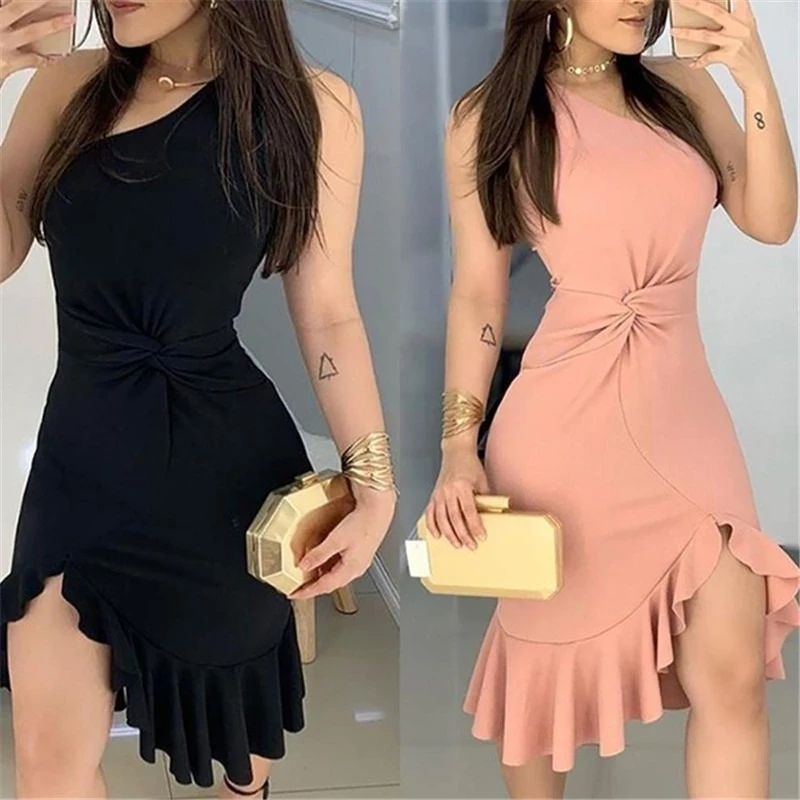 2022 Women Elegant Lady Dress Fashion Party Sweet Workwear Dress Casual One Shoulder