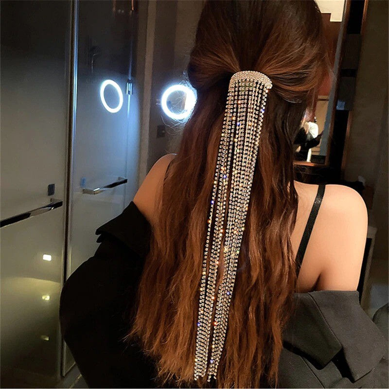 FYUAN Shine Full Rhinestone Hairpins for Women Bijoux Long Tassel Crystal Hair Accessories Wedding Banquet Jewelry