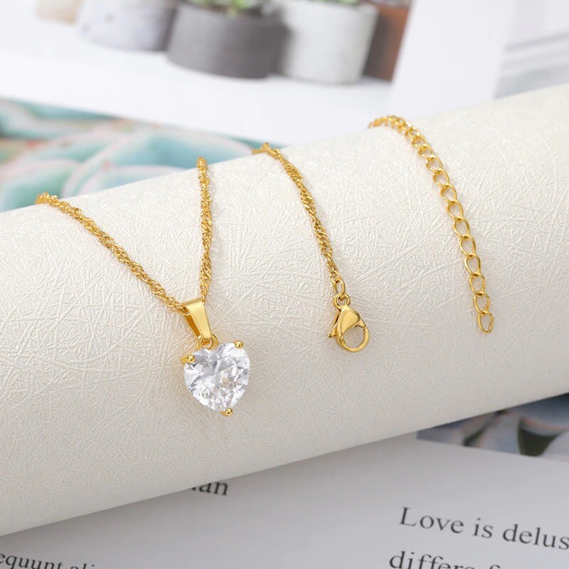Heart Necklaces for Women Stainless Steel Gold Zircon Chain Heart Lover Necklace Clavicle Choker Valentine Jewelry