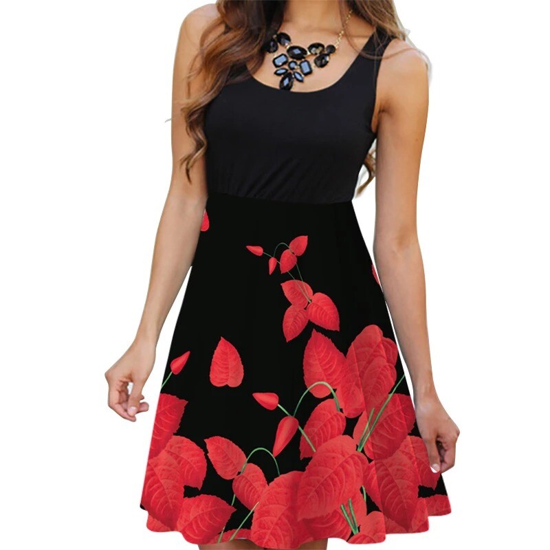 Floral Boho Dress Ladies Sleeveless O-Neck Slim A-line Tank Dress Summer Women Fashion Vintage 3D Printing Casual Dress