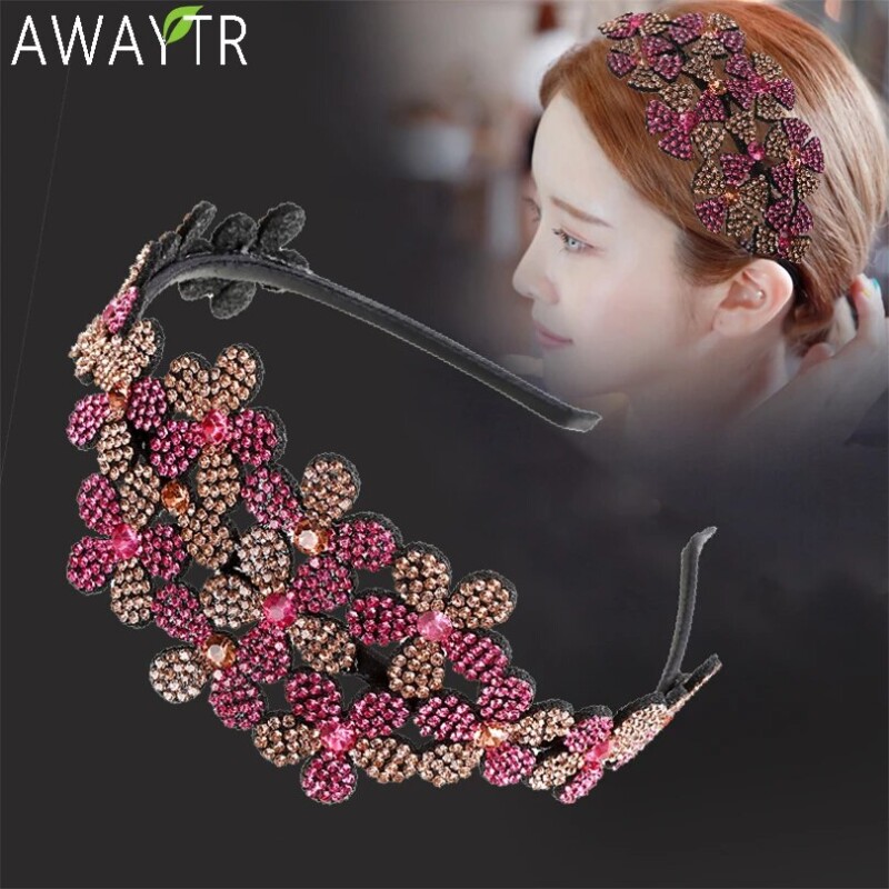 Baroque Wide Flower Crystal Hair Bands For Women Rhinestone Headband Vintage Hair Hoop Bow Elasticity Hairbands