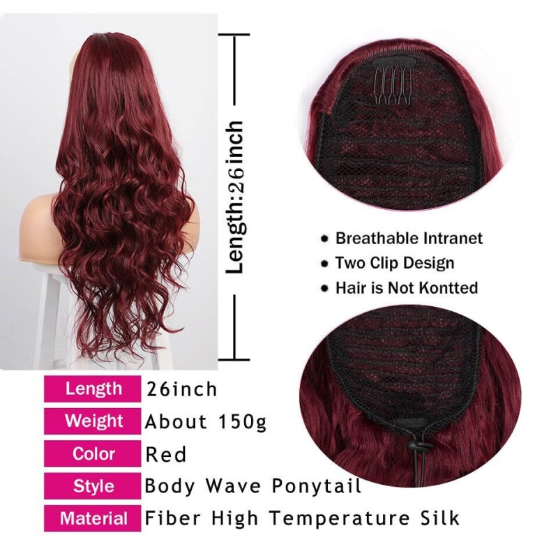 AISI BEAUTY Synthetic Wrap Around Ponytail Red Blonde Black Hairpiece Long Body Wave Ponytail Extension for Women's
