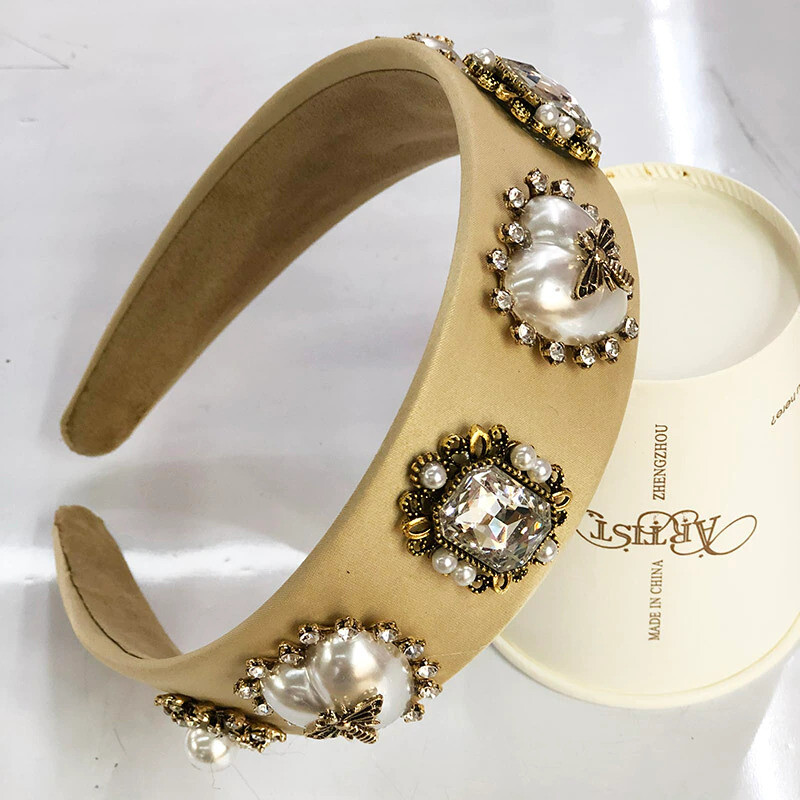 Baroque Rhinestone Headband Hairband for Women Girls Metal Bee Beads Flower Head Hair Accessories Baroque Rhinestone