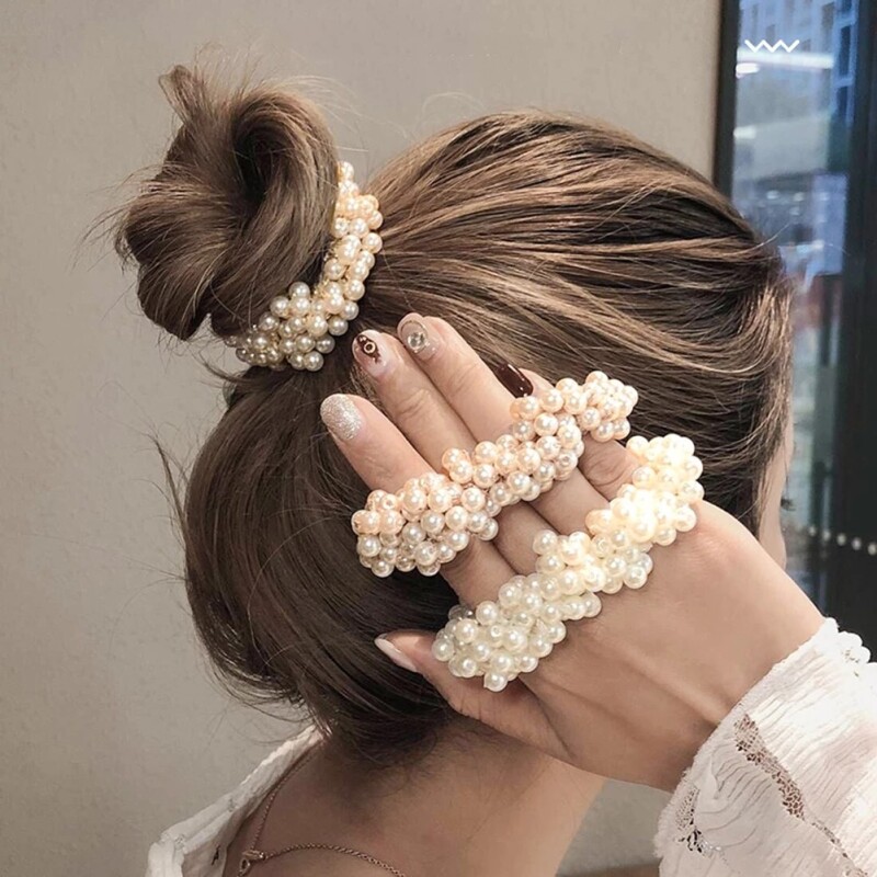 Women Hair Accessories Pearls Beads Headbands Ponytail Holder Girls Scrunchies Vintage Elastic Hair Bands