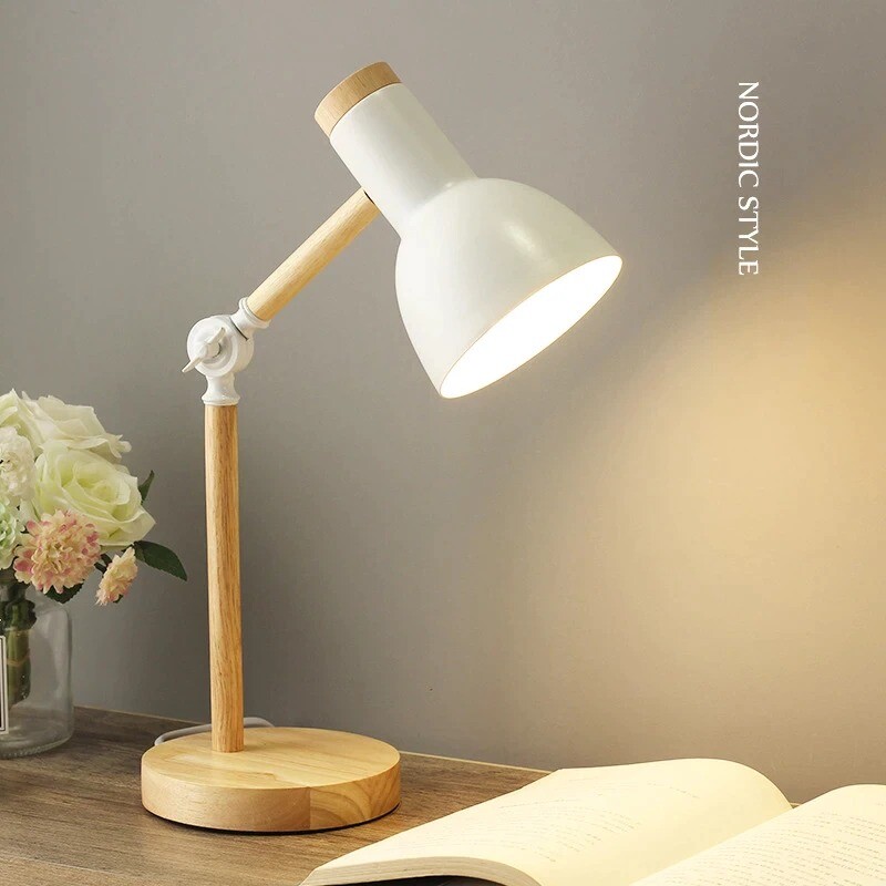 Creative Nordic Wooden Art Iron LED Folding Simple Desk Lamp Eye Protection Reading Table Lamp Living Room Bedroom Home