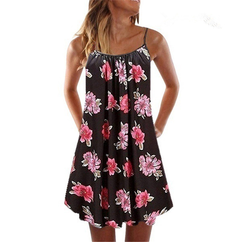 Women Loose Beach Dress Summer Boho Sleeveless Floral Printed Big Swing Dresses Female Sexy Casual Spaghetti Strap