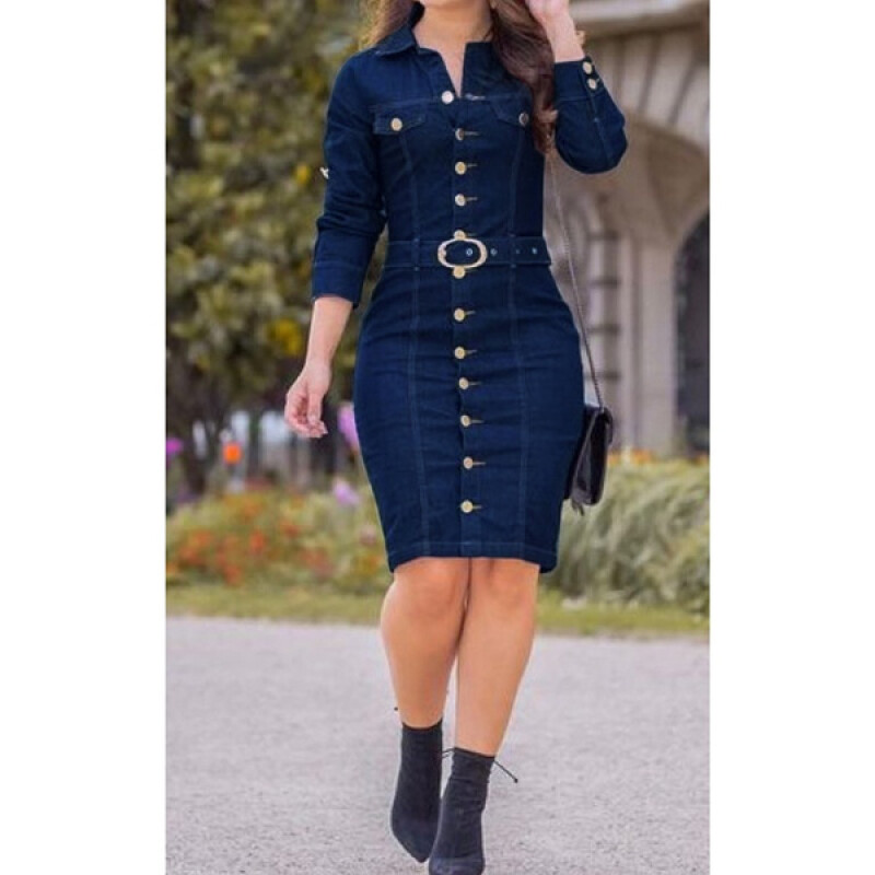 Yskkt Denim Dress Women Button Knee Length Spring Autumn Vintage Vestidos Robe Casual Slim Ladies Office Dress Shirt