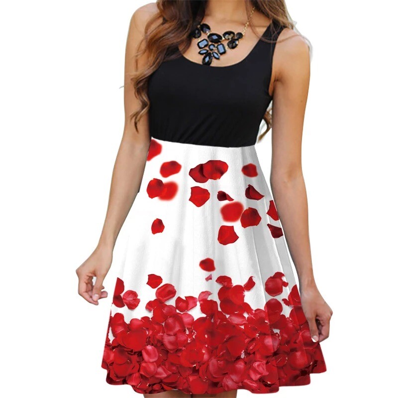 Floral Boho Dress Ladies Sleeveless O-Neck Slim A-line Tank Dress Summer Women Fashion Vintage 3D Printing Casual Dress