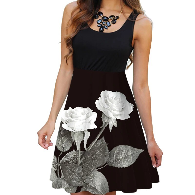 Floral Boho Dress Ladies Sleeveless O-Neck Slim A-line Tank Dress Summer Women Fashion Vintage 3D Printing Casual Dress