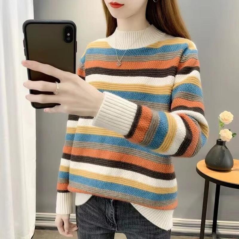 Half-neck Striped Sweater Women's New Female Clothing Autumn Winter  Loose Coat Knitwear Bottoming Undershirts Jacket.