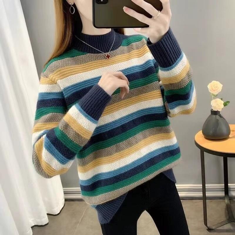Half-neck Striped Sweater Women's New Female Clothing Autumn Winter  Loose Coat Knitwear Bottoming Undershirts Jacket.