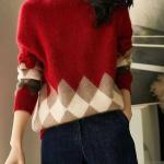Women's Sweater Red Plaid Knit Tops for Woman Graphic Round O Neck Pullovers Jumper Winter Thermal Blouse Korean Style Clothes.