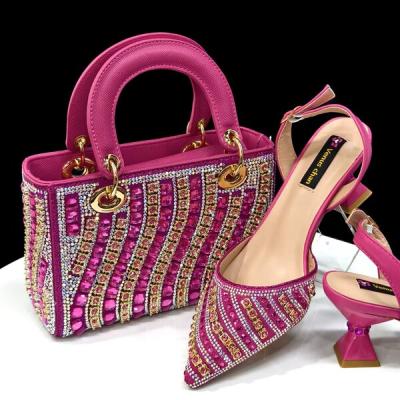Shiny Italian Fashion Pointed Toe Women Heel Fashion Rhinestone Decoration Fuchsia Color Shoes And Bag Set.