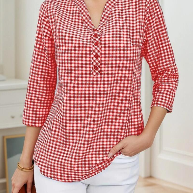 Plus Size Spring Autumn Women Fine Plaid Fashion Long Sleeve V-Neck Blouse Slim Fit Temperament Top Belly Covering Small Shirts