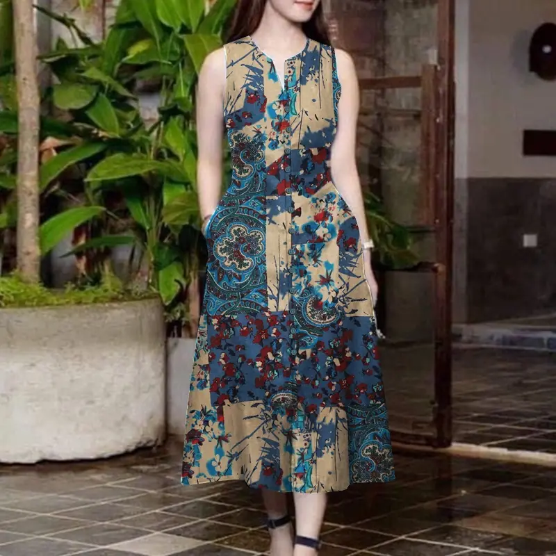 ZANZEA Casual Sleeveless Women's Midi Dress  Summer Vintage Printing Cotton Sundress V-neck Slit Hem A-line Vestidos Mujer