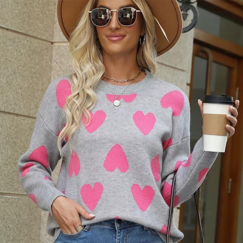 Autumn Winter Heart Jacquard Knitted Sweaters for Women O-Neck Long Sleeve Sweater Woman All Match Mix Color Jumpers Female.