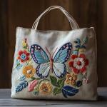 Embroidery Canvas Tote Bag Kit, Cross Stitch Needlepoint Craft Kit, Flowers Butterfly Pattern, Shopping Work Tote.