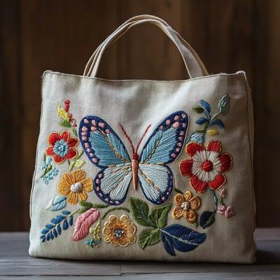 Embroidery Canvas Tote Bag Kit, Cross Stitch Needlepoint Craft Kit, Flowers Butterfly Pattern, Shopping Work Tote.