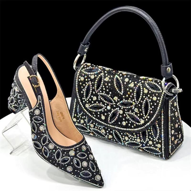 Elegant Women's Nigerian Fashion Pointed-Toe Party Shoe and Bag Set Rhinestone Luxurious Rhinestone Pumps for Special Occasions.