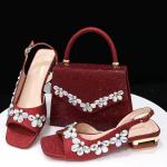 Italian Fashion Women Heels Small size Elegant Flower Decoration Black Shoes And Bag Full rhinestone Party bag.