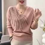 Autumn Winter Women Sweaters Pullovers Solid V-Neck Diamonds Temperament Fashion Casual Long Sleeve Bottoming Shirt Knit Tops.