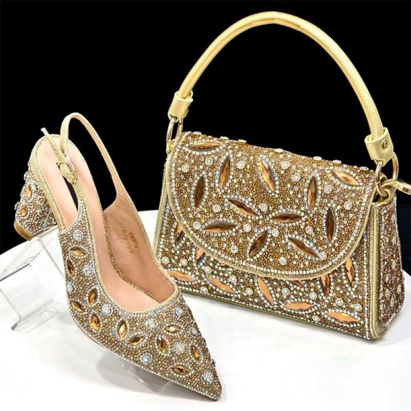 Elegant Women's Nigerian Fashion Pointed-Toe Party Shoe and Bag Set Rhinestone Luxurious Rhinestone Pumps for Special Occasions.