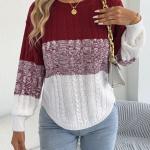 Woman Casual Color Block Striped Sweater Round Neck Lantern Long Sleeve Twist Knitted Tops for  Winter Women Clothes
