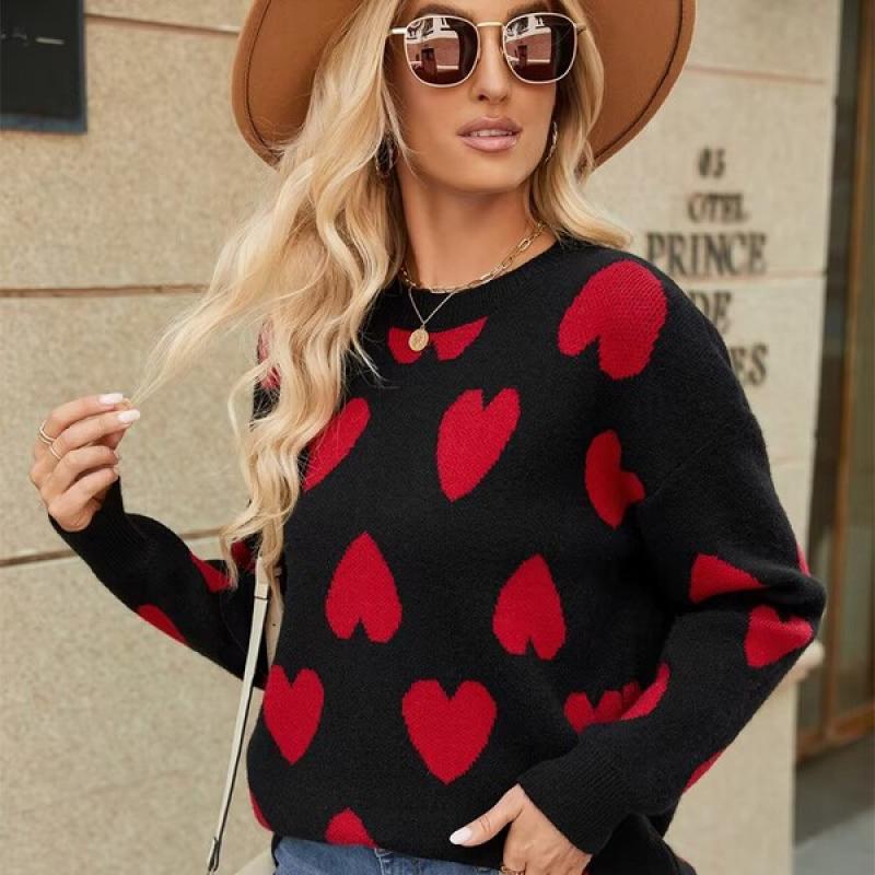 Autumn Winter Heart Jacquard Knitted Sweaters for Women O-Neck Long Sleeve Sweater Woman All Match Mix Color Jumpers Female.