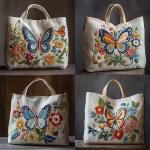 Embroidery Canvas Tote Bag Kit, Cross Stitch Needlepoint Craft Kit, Flowers Butterfly Pattern, Shopping Work Tote.
