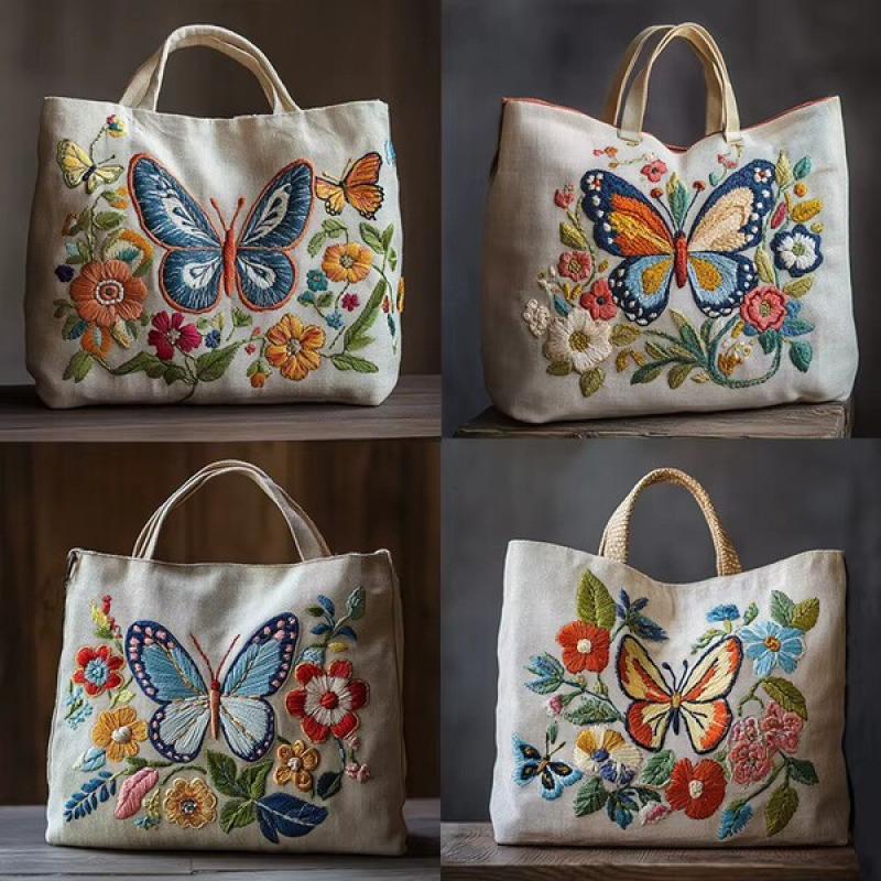 Embroidery Canvas Tote Bag Kit, Cross Stitch Needlepoint Craft Kit, Flowers Butterfly Pattern, Shopping Work Tote.